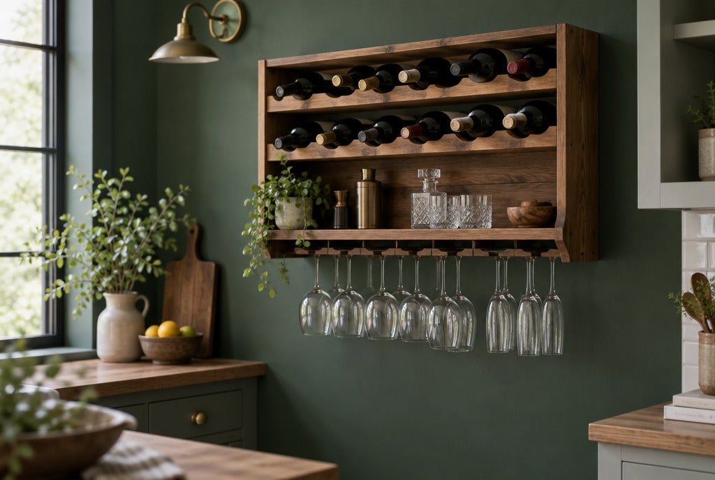A solid wood wine rack and bar shelf with bottles lying on their sides and stemware hanging below on a deep green painted wall in a farmhouse kitchen