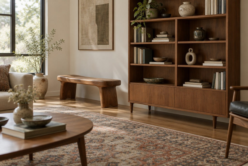A collected-looking living room with a newly built mid-century-style wood bookshelf, a sculpted wood bench, a vintage-pattern rug and a few ceramic pieces