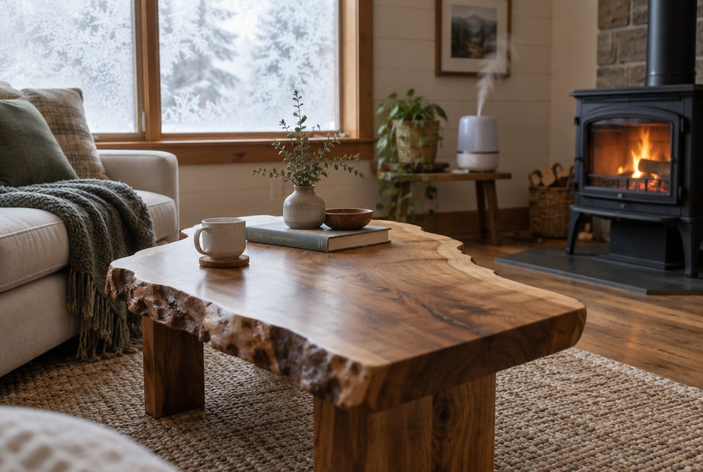 A solid wood live-edge coffee table in a cozy farmhouse living room with a wood stove at a safe distance, a humidifier and frost on the window