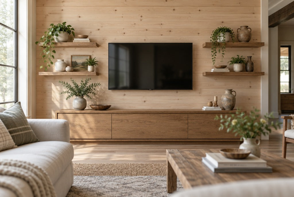 A styled TV wall with a low solid wood console, floating wood shelves with plants and pottery, and a mounted TV in a bright farmhouse living room with pine walls
