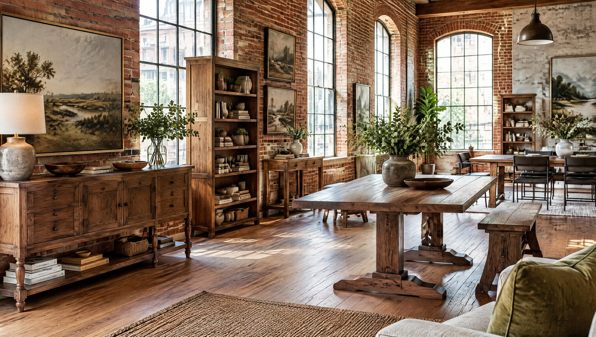 An old brick mill showroom displaying newly built vintage-inspired solid wood consoles, bookshelves and wall art