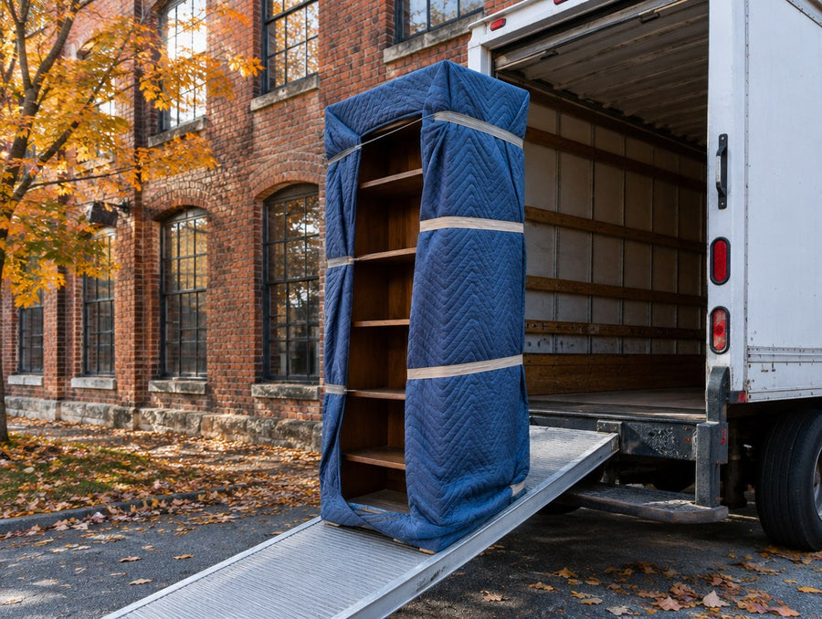 A blanket-wrapped solid wood bookshelf loaded onto a box truck beside an old brick mill building
