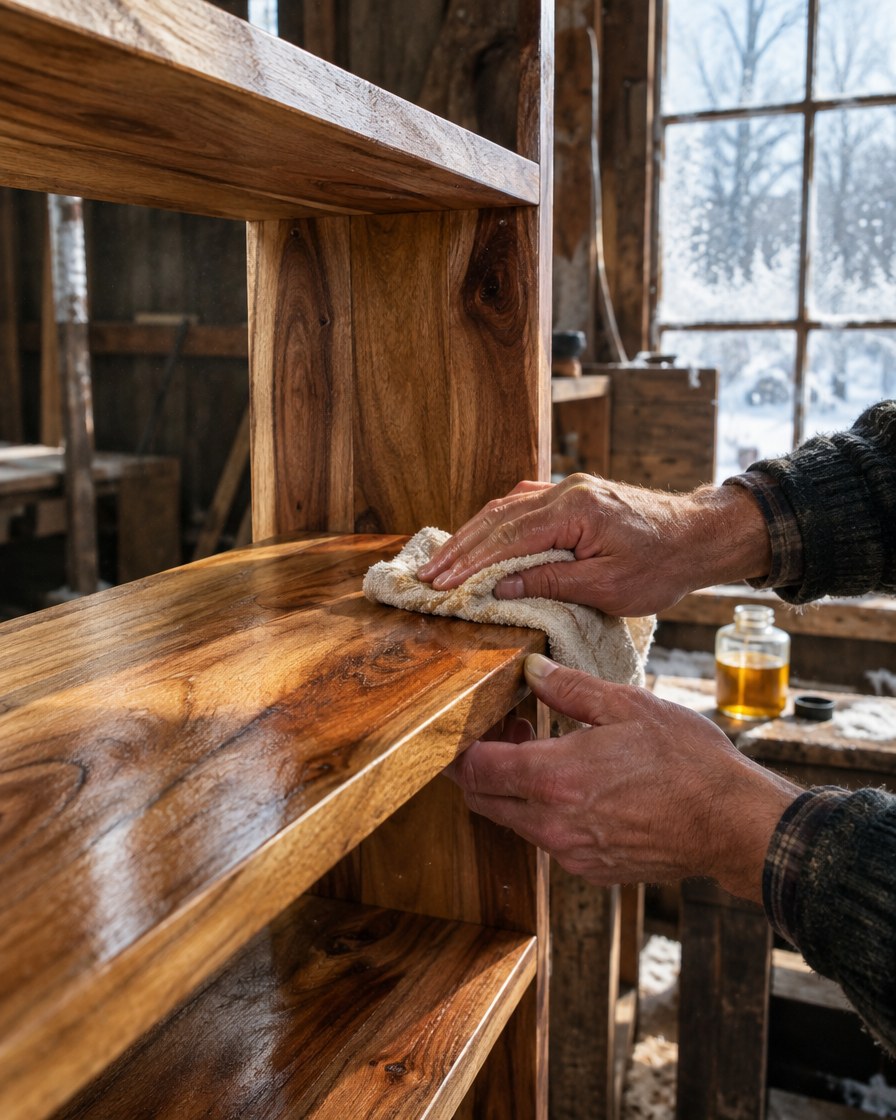 Hands oiling a newly built acacia shelf in a barn workshop