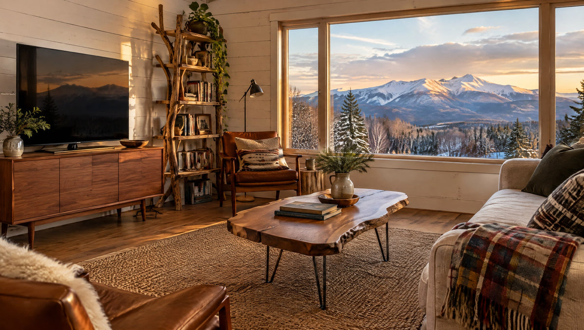 A North Country living room with a solid wood TV console, a live-edge coffee table and a tree-branch bookshelf at golden hour with snowy peaks beyond