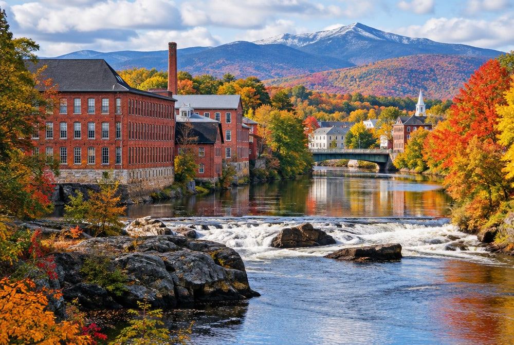 The Androscoggin River through a New Hampshire mill town in autumn with the White Mountains beyond